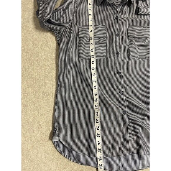 Express Womens Blouse Size Md Button Up Roll Tab Sleeve Grey/White Stripe - Picture 11 of 14